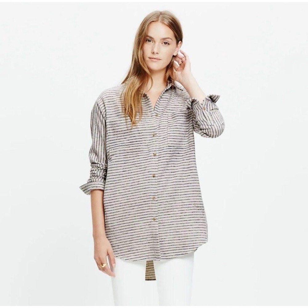 Madewell Striped Button Down Flannel Shirt Shacket Sz XS Relaxed Fit Coastal